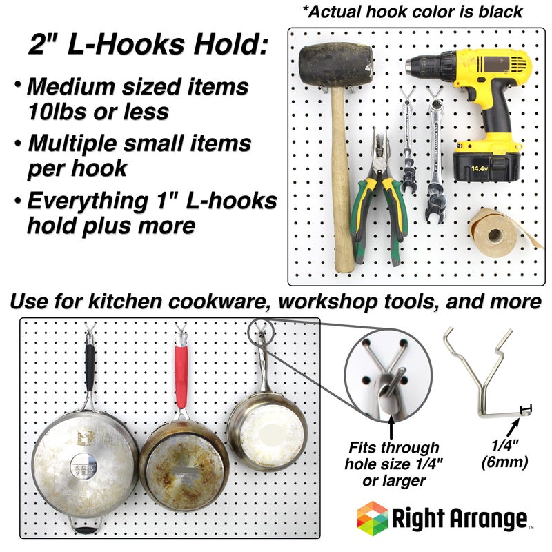 Right Arrange Steel Pegboard Hooks 50-Pack 2" + 4â€ L Hook, Black - Will Not Fall Out, Fits Any Peg Board - Organize Tools, Accessories, Workbench, Garage Storage, Kitchen, Crafts, Jewelry, Retail - Image 2